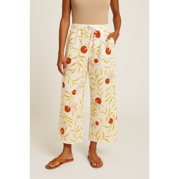 Calypso St. Barth Pants - CALYPSO St. Barth 100% Linen Wide Leg Pants White Floral Print Size XL NWT